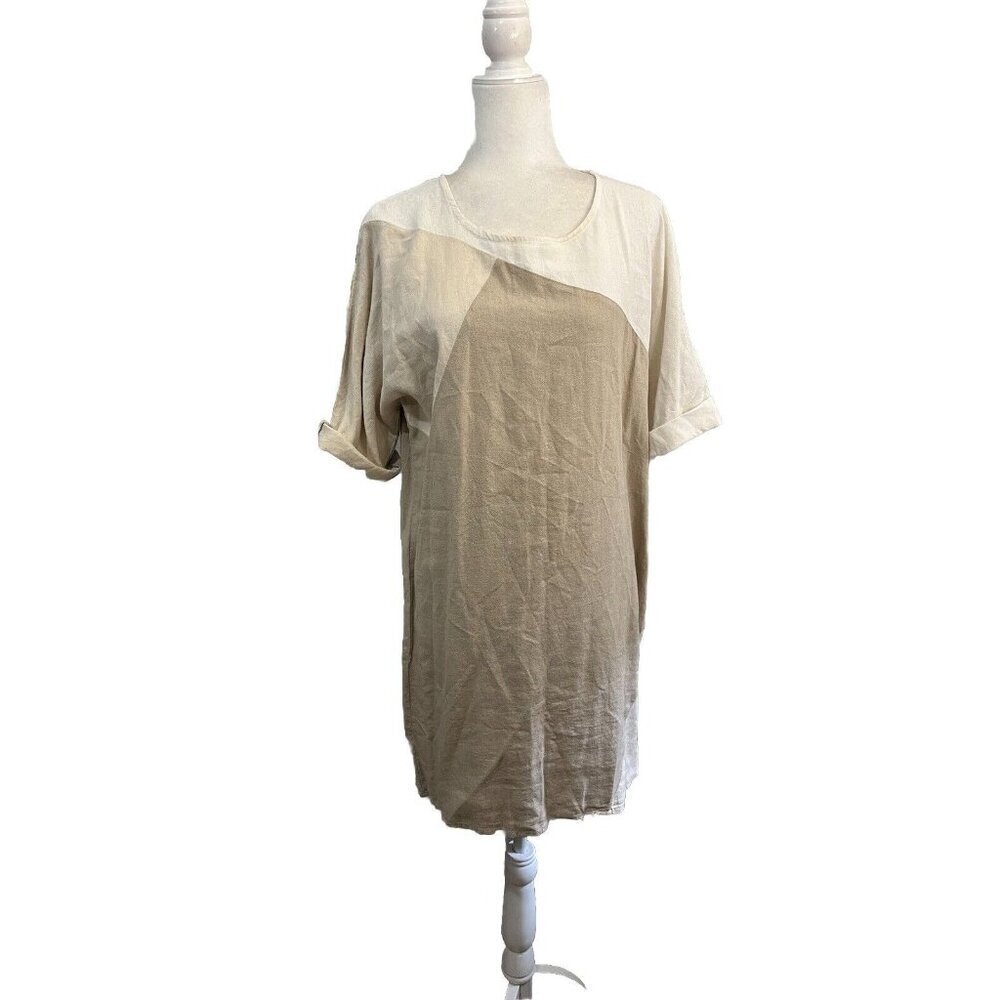 For Cynthia Linen Dress Beige Tan Short Sleeve Color Block Size Small